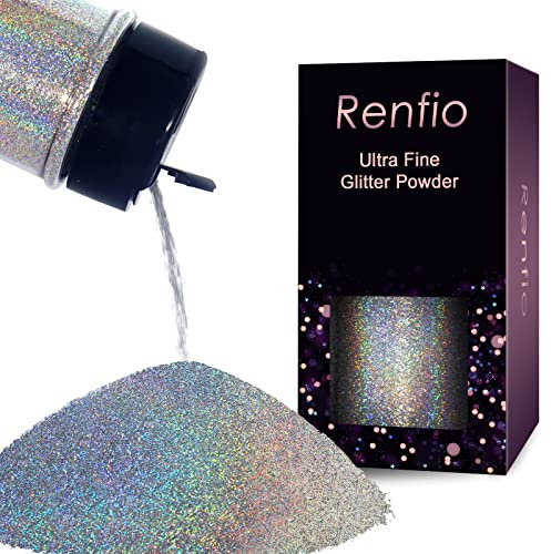 Renfio Holographisches Glitzerpulver, 2.11 Oz (60g) für Gesicht, 1/128 0.008 0.2mm Ultra Fein für Garten Deko, Basteln, Nail Powder, Body Haare - Diamant Laser Silber