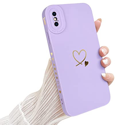 Newseego Hülle Kompatibel mit iPhone X/XS Stilvolles Gold Love-Herz Muster Design Weices Flüssigsilikon iPhone X/XS Hülle Niedliches Herz Seitenrahmen Stoßfeste Schutzhülle für iPhone X/XS-Violett
