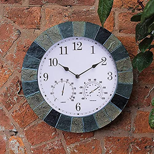 Horloge murale de jardin d'extérieur, grande horloge de jardin en résine rétro de 14 pouces avec thermomètre et hygromètre, ton maison étanche, décoration d'horloge murale d'intérieur et d'extérieur