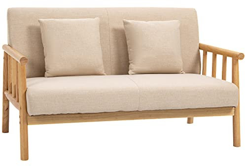 HOMCOM Canapé à 2 Places Fauteuil Salon Moderne et Scandinave Style Naturel en Bois et Tissu - dim. 123L x 69l x 74H cm - Beige
