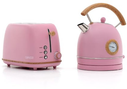 Pack Tostapane Kaito con Doppia Fessura Extra Ampia e Bollitore Nara Colore Rosa Opaco con Design Retro Vintage