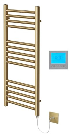 Greened House Brushed Brass Electric Towel Rail 300mm W x 800mm H + Timer | Includes 7 Day Timer/Thermostat, Heated, Flat, Bathroom, Straight, Towel Warmer