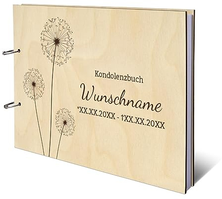 Personalisiertes Kondolenzbuch echtes Holz DIN A4 Gästebuch mit Lasergravur - Pusteblume - mit 72 Blatt / 144 Seiten Naturpapier Weiß