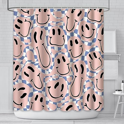 AIBIIN 180 x 180 cm Duschvorhang, Retro, 70er Jahre, rosa Smiley, Hippie, Teenager, Mädchen, niedlich, groovig, Badezimmer-Dekoration, Zubehör, flippige Badevorhänge, Dekor-Set mit 12 Haken