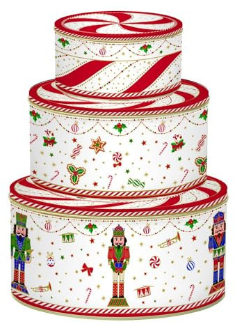 Easy Life Set 3 scatole di natale ad incastro tonde in latta con schiaccianoci vintage Nutcracker Twist