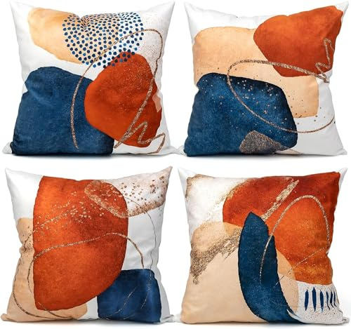 NDMMSO Boho cushion covers 18x18 Set of 4 Mid Century Modern Decorative Throw Pillows Navy Blue Burnt Orange Cushion Pillowcases for Couch Sofa Bedroom Abstract Geometric Home Decor