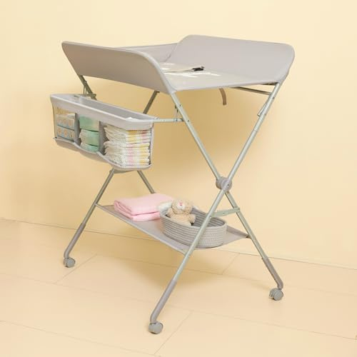 KARAOK Foldable Changing Table with Wheels | Baby Changing Station with 4-Level Adjustable Height | Portable Diaper Changing Station with Large Organizers & Storage Racks for Newborn & Infant
