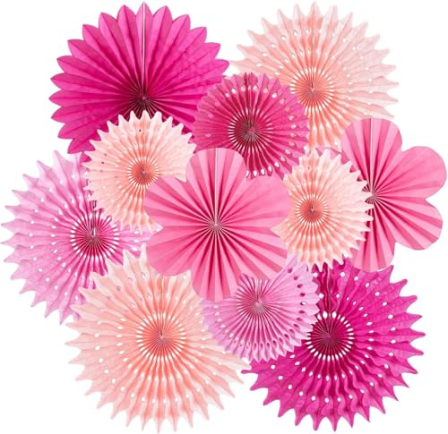 SUNBEAUTY 11 Stück Rosa Papier Fächer Set Pink Papier Party Dekorationen Hängende Blume Fächerblume für Geburtstag Party Hochzeit Neujahr Baby Shower Gartenparty