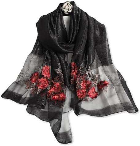 LumiSyne Seidenschal Chiffon Schal Damen Heikel Ginkgo Biloba Stickerei Transparenter Tüll Leichte Weich Lange Halstücher Sonnenschutz Stola Durchsichtiger Schal Frühling Herbst
