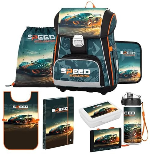 OXY BAG Schulranzen 8 Teilig Auto Ergonomischer Schulrucksack Set Sportbeutel Federmappe Kunstponcho Trinkflasche Snackbox Leicht Schulset Jungen Mädchen Schultasche für 1. - 3. Klasse Back to School
