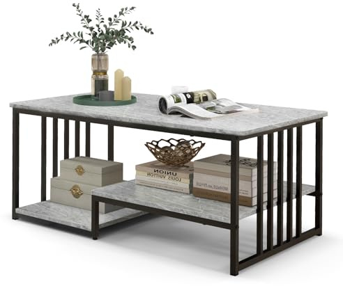 LIFEZEAL Couchtisch Marmor Optik, Wohnzimmertisch mit 2 offenen Ablagen, Sofatisch mit Metallrahmen, rechteckiger Kaffeetisch für Wohnzimmer, Büro, 110 x 60 x 45 cm, Grau