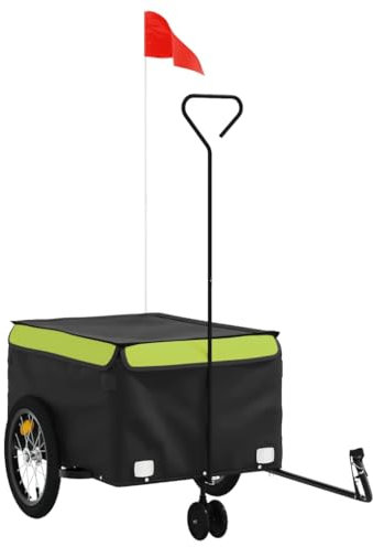 vidaXL Fahrradanhänger, Lastenanhänger mit Sicherheitsflagge, Transportanhänger mit Deichsel, Fahrrad Anhänger Radanhänger, Schwarz Grün 45kg Eisen