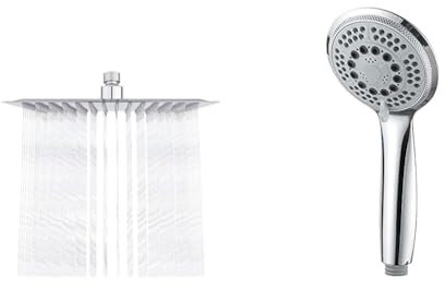 Ibergrif Tete de Douche Inox - Douche Economie d'Eau, Pommeau de Douche Carré 25CM & GRIFEMA COMPLENTO-G804 Douchette à Main 5 jets pour Salle de Bain, Moyen Pommeau de Douche