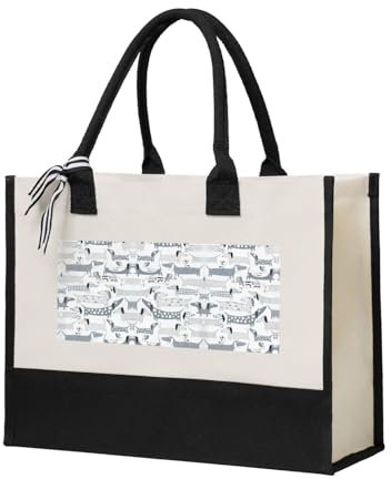 DUORHEV Einkaufstasche aus Segeltuch mit niedlichem Dackel-Motiv, wiederverwendbar, Geschenktasche, beige, Einheitsgröße