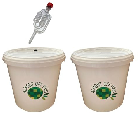 5 Litre Fermentation Buckets x2, one with Lid, Grommet and Airlock, 1 with Solid lid, Homebrewing, winemaking
