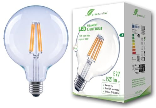 greenandco bombilla de filamento LED | transparente | E27 G125 | 7,2W 1521lm | sustituye 100W | 3000K blanco cálido | 320° | 230V | sin parpadeo | Clase de eficiencia energética A | no regulable