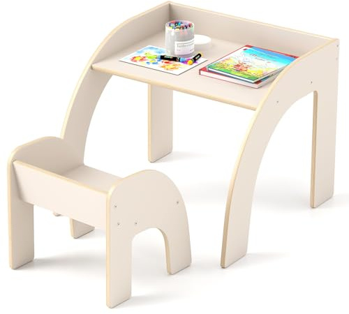 COSTWAY Kids Table and Chair Set, Wooden Toddler Desk with Baffle, Wide Desktop, Montessori Activity Furniture for Reading Eating Playing (White)