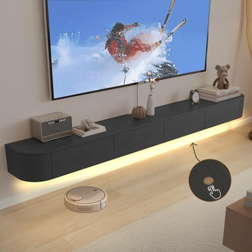 Ribanedy Meuble TV Suspendu Moderne avec Éclairage LED | Console de Divertissement Murale en Bois Massif et Portes à Rabat | Étagère Télé Design pour Salon & Bureau (Noir, 200cm)