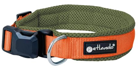 Petlando Hundehalsband mit innovativer Magnet-Schnalle, stufenlos verstellbar, weich gepolstert mit Mesh, atmungsaktiv, D-Ring, Magnetech Halsband für kleine Hunde Olive/orange, S