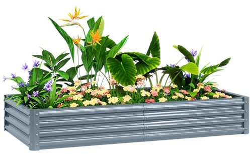 Outsunny Carré Potager Rectangulaire Fond Ouvert 180x90x30cm Gris Argenté | Lit de Jardin Surélevé en Acier Galvanisé, Fond Ouvert, Jardinière, Bord Anti-Coupure, Barres de Soutien