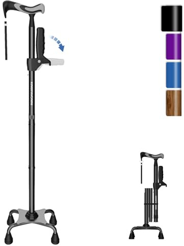 KingPavonini Gehstock für Damen und Herren mit zweitem Griff, faltbar und Verstellbarer Quad-Stock mit 4-Zacken-Basis zum Stehen, Gehstock klappbar für Senioren und Erwachsene