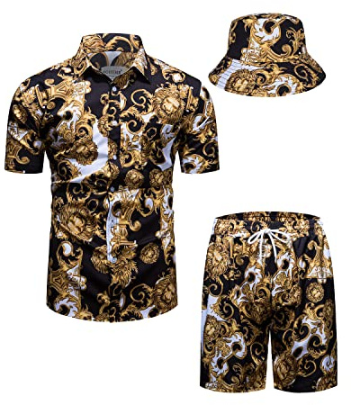 Conjunto de Lujo para Hombre, Camisas y Pantalones Cortos Negros y Dorados, Traje de 3 Piezas con Estampado de Cadena y Botones, con Sombreros de Pescador.