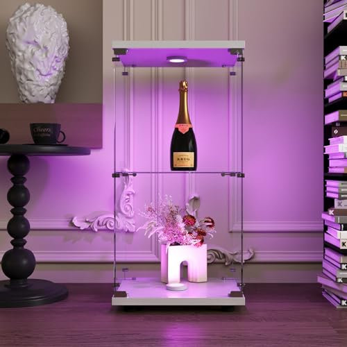 JYCRA Glasvitrine 2 Ablagen，Glasvitrine Schrank mit Tür, Glasvitrine mit Beleuchtung und Schloss, 86 x 40 x 36 cm Modern Glas Vitrine für Antik Sammlerstücke Bücher (Weiß, 2 Böden-Einzeltür LED)