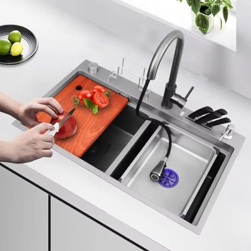 Évier De Cuisine Double, Lavabo pour Lave-Vaisselle, Évier De Poste De Travail avec Robinet Extractible Et Évacuation, Montage par Le Haut Ou sous Le Plan-82-46cm Grigio