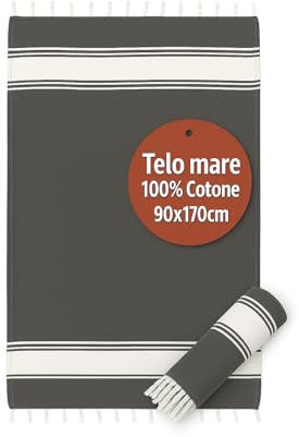 Telo Mare Grande 90x170cm 100% Cotone – Asciugamano da Spiaggia con Frange – Antisabbia, Leggero, Assorbente e Compatto – Fouta per Hammam, Sauna, Viaggio, Piscina, Yoga, Campeggio, (GRIGIO SCURO)