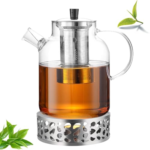 Tetera de cristal de borosilicato de 1,8 l con colador, calentador y tapa, apta para lavavajillas, para té suelto, bolsa de té, fruta, mantiene el calor durante mucho tiempo (1800 ml, apto para