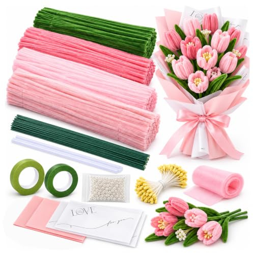 400PCS Tulip Pipe Cleaners for Craft Flowers with Stems, Pearls & Ribbon | Complete flower craft kit with stems, pearls, ribbon & wrapping paper