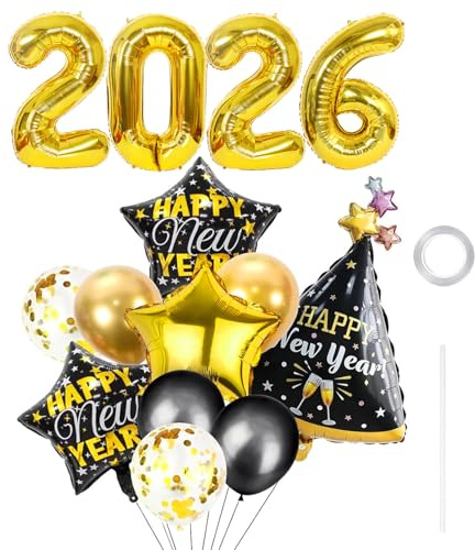 GoldRock Luftballons Silvester Deko 2026 Party Set,14 Stück Ballons Happy New Year,Folienballon 2026 Zahlen Happy New Year Luftballon Silvesterdeko,Stern Deko Silvester Balloon,Neujahr Dekoration Gold