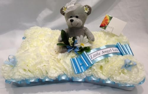 Silky Bouquets Teddy Bear Pillow Funeral Tribute – Silk Flower Cushion with Ribbon Edge & Grey or Brown Bear | Personalized Memorial in Blue, Pink or Any Colour with Sash & Message Card