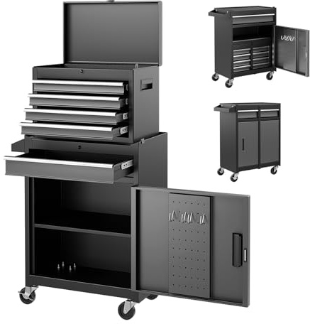 GOPLUS 2 in 1 Werkzeugschrank aus Metall, Kombinierter Rollschrank mit tragbarem Werkzeugkasten, Mobiler Werkstattwagen mit 5 Schubladen & Antirutschmatten, für Werkstatt & Haushalt (Dunkelgrau)