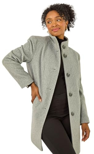 Roman Petite Brushed Funnel Neck Coat for Women UK - Ladies Everyday Autumn Winter Funnel Neckline Comfy Soft Evening Vacation Work Party Night Out - Petite Grey - Size 18