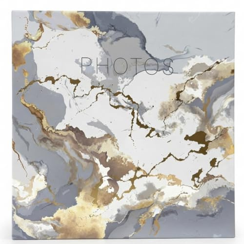 Photo Album 6'' x 4'' Photographs Holds 200 Slip In Photos Marble Design Gold Foil Grey or Turquoise Blue Cover (Grey)