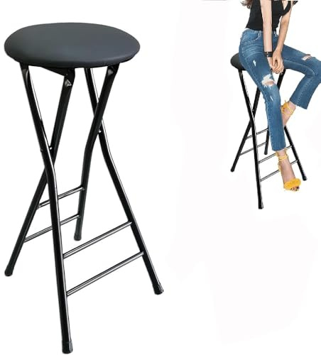 OPOLDBDMAC Sgabello Pieghevole Senza Schienale Barstool con Poggiapiedi, Rotondo Sgabello Pieghevole Alto 70cm Rivestito in Pelle per Cucina, Colazione, Patio, Ristorante(Black)