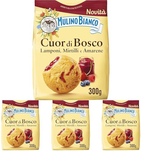 Mulino Bianco Biscotti Frollini Cuor di Bosco, con Lamponi, Mirtilli e Amarene, Colazione Ricca di Gusto, Senza Olio di Palma - 300 g (Confezione da 4)