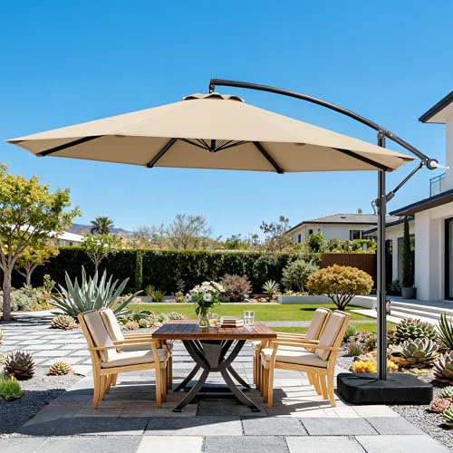 OLILAWN 10ft Patio Umbrella with Base Included, Outdoor Offset Cantilever Umbrella Upgraded Yarn-dyed Fabric Shade, Sturdy 8 Rids, 360 Degree Rotation & Easy Tilt Adjustment, for Pool Deck Porch Backyard Garden,Cream