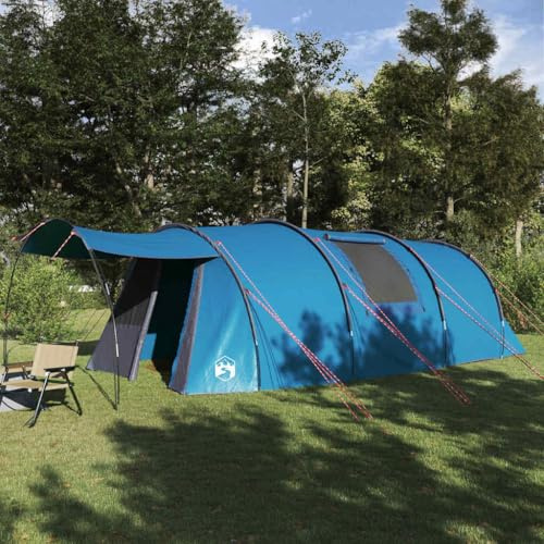 Tunnelzelt mit Dach, 740x370x220 cm, Blau Grau, 185T Polyester PU-beschichtet, wasserdicht, UV-beständig, für Familien-Camping