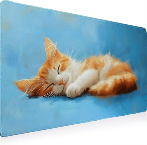 Tapis de Souris, Tapis Souris XXL 800 x 300 Gamer Mousepad, Rubber Base en Imperméable, Grand Bureau Gaming Mouse Pad Bords Cousus Imperméable Antidérapant pour Bureau Domicile Animal Chat W0G1-981