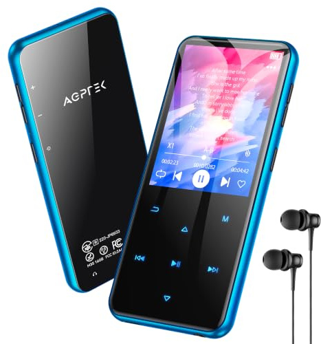 AGPTEK 16Go MP3 Bluetooth avec Haut-Parleur, 2.4 Grand Écran Lecteur MP3 | Qualité Sonore HiFi Audio MP4 Baladeur Sport en Métal de Bouton Tactile Radio FM Podomètre Enregistreur 60H de Musique-Bleu