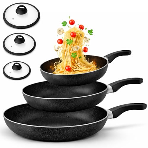 BAKAJI Set 6 Pezzi Padelle in Alluminio con Coperchio in Vetro, Adatto ad Ogni Tipo di Piano Cottura, Pentola Antigraffio, Padella con Manico Ergonomico per Cucinare in Maniera Sana (Nero)