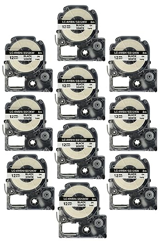 vhbw 10x Schriftband-Kassette kompatibel mit Epson LabelWorks LW-700 | LW-1000P, LW-600P, LW-500, LW-400 Etiketten-Drucker 8m x 12mm Schwarz auf Weiß