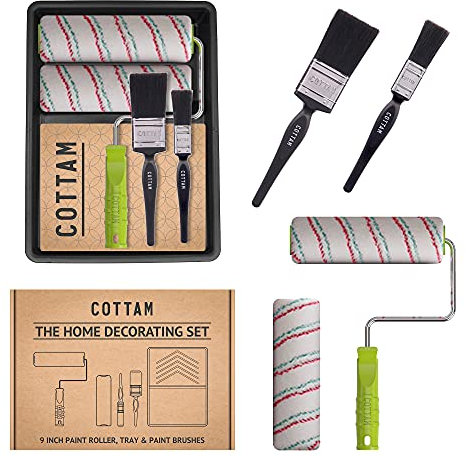 COTTAM | Paint Roller and Tray Set | Emulsion Non Drip Paint Roller Sleeves | Gloss Paint Brushes | Decorating Set for Ceiling, Walls & Doors