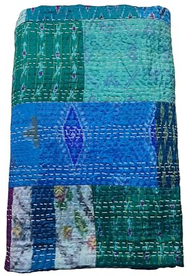 Sophia-Art Twin/King Indian Bettdecke Ethnic Throws Patchwork Indian Quilt Cover Alte böhmische Seide Saree Kantha Tagesdecke Vintage Patola Quilt (Turquoise, King 90 x 108)