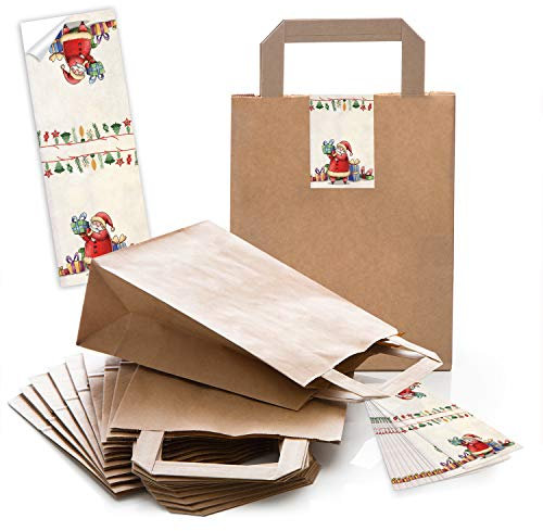 Logbuch-Verlag 10 Weihnachten Papiertüten braun 18 x 8 x 22 cm + Nikolaus Aufkleber rot beige - Verpackung Santa Nikolaustüte