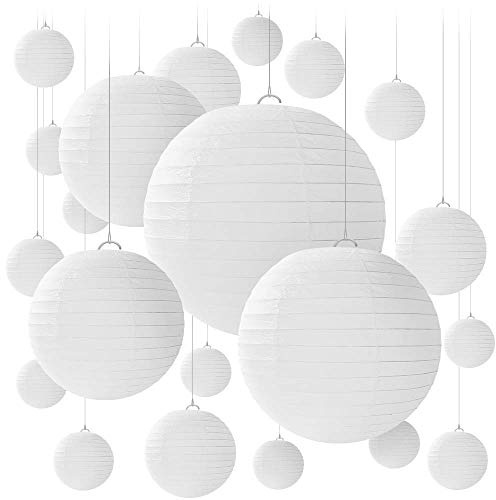 Newthinking 16 PCS Paper Lanterns Decorations, Hanging White Paper Lanterns, 6 8 10 12 Different Sized Round Paper Lanterns for Weddings, Party Decorations, Festival | White, 6''x4, 8x4, 10x4, 12x4, Hanging Paper Lampshades, Indoor and Garden, Wedding Party Decorations