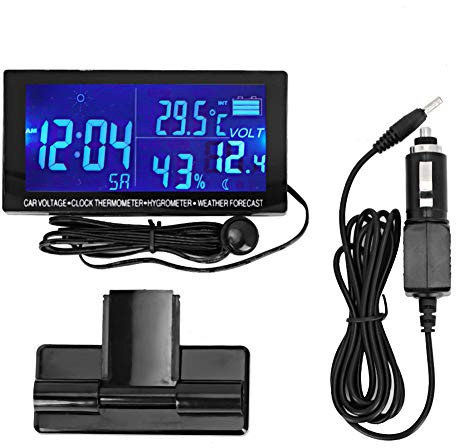 KIMISS Digital Car Clock, Universal 12-24V Autothermometer Hygrometer Fahrzeugvoltmeter mit Wettervorhersage