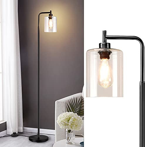 Depuley Lampadaire Sur Pied avec Abat-jour en Verre, Métal Noir, Lumière Chaude pour Salon, Bureau, Étude - Ampoule E27 Incluse, Interrupteur au Pied